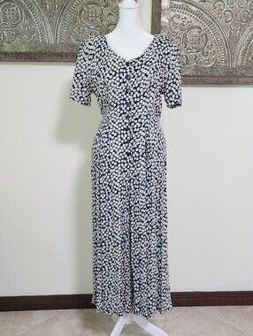 Vtg. 80's Ulterior Motives Navy & White Floral Button Up Tie Back Jumpsuit Sz 9